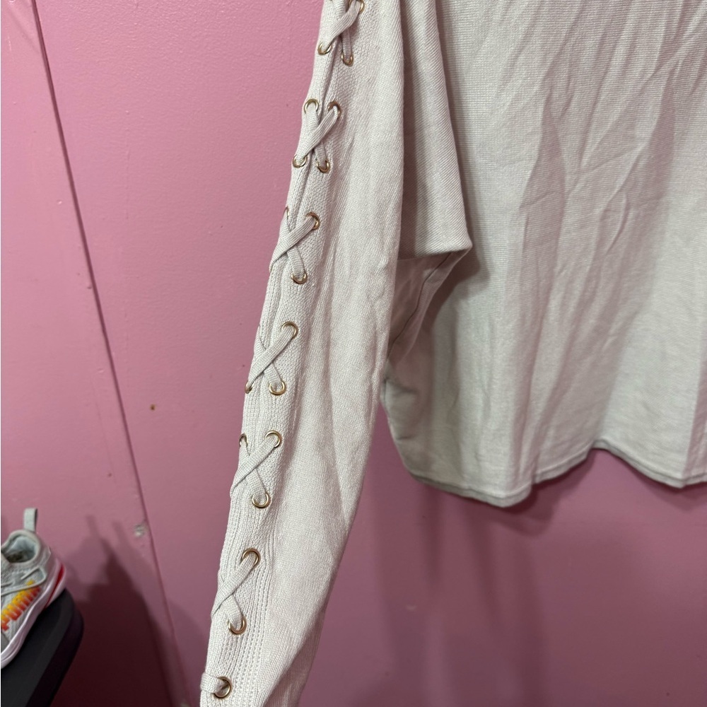 Tahari Cream Lace-Up Sleeve Sweatshirt size. SP - Picture 2 of 4